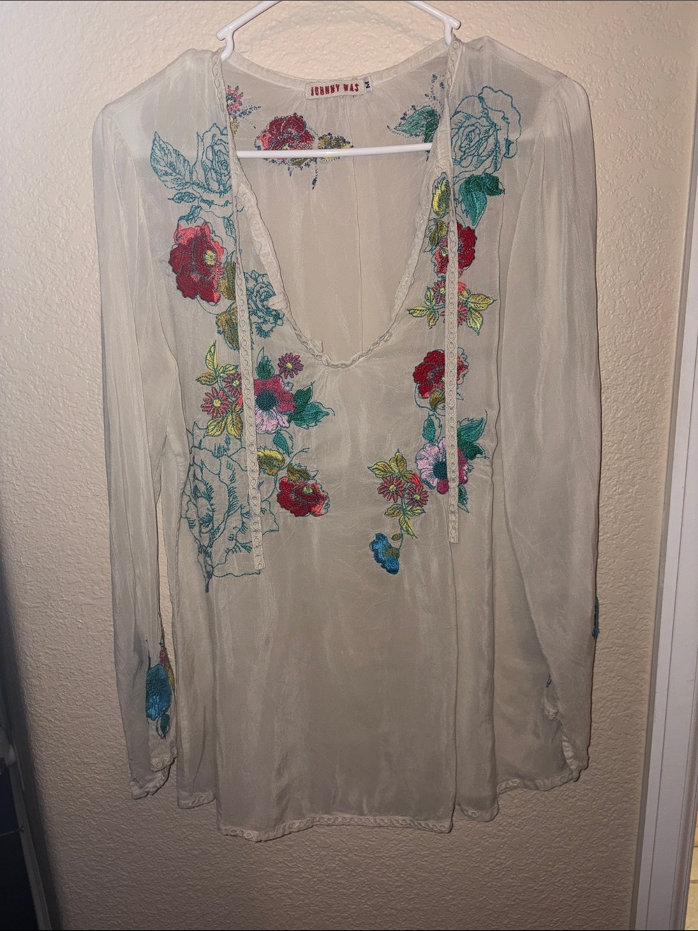Johnny Was Cream Sheer Embroidered Floral Tunic Top
